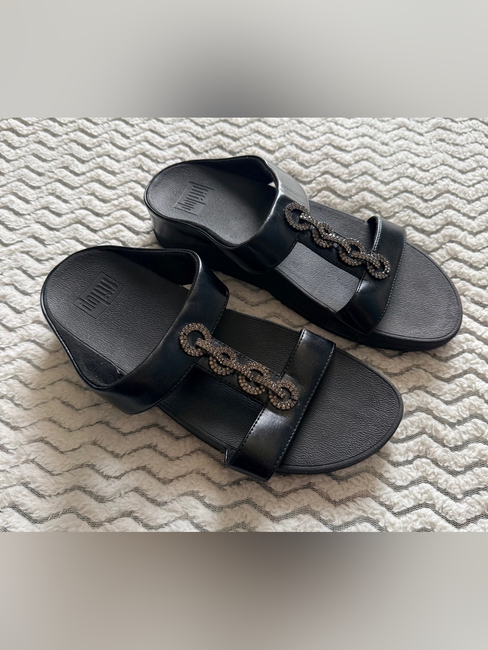 FitFlop Black Fino Sparkle Rhinestones Slip On Comfort Platform Sandals Sz 9